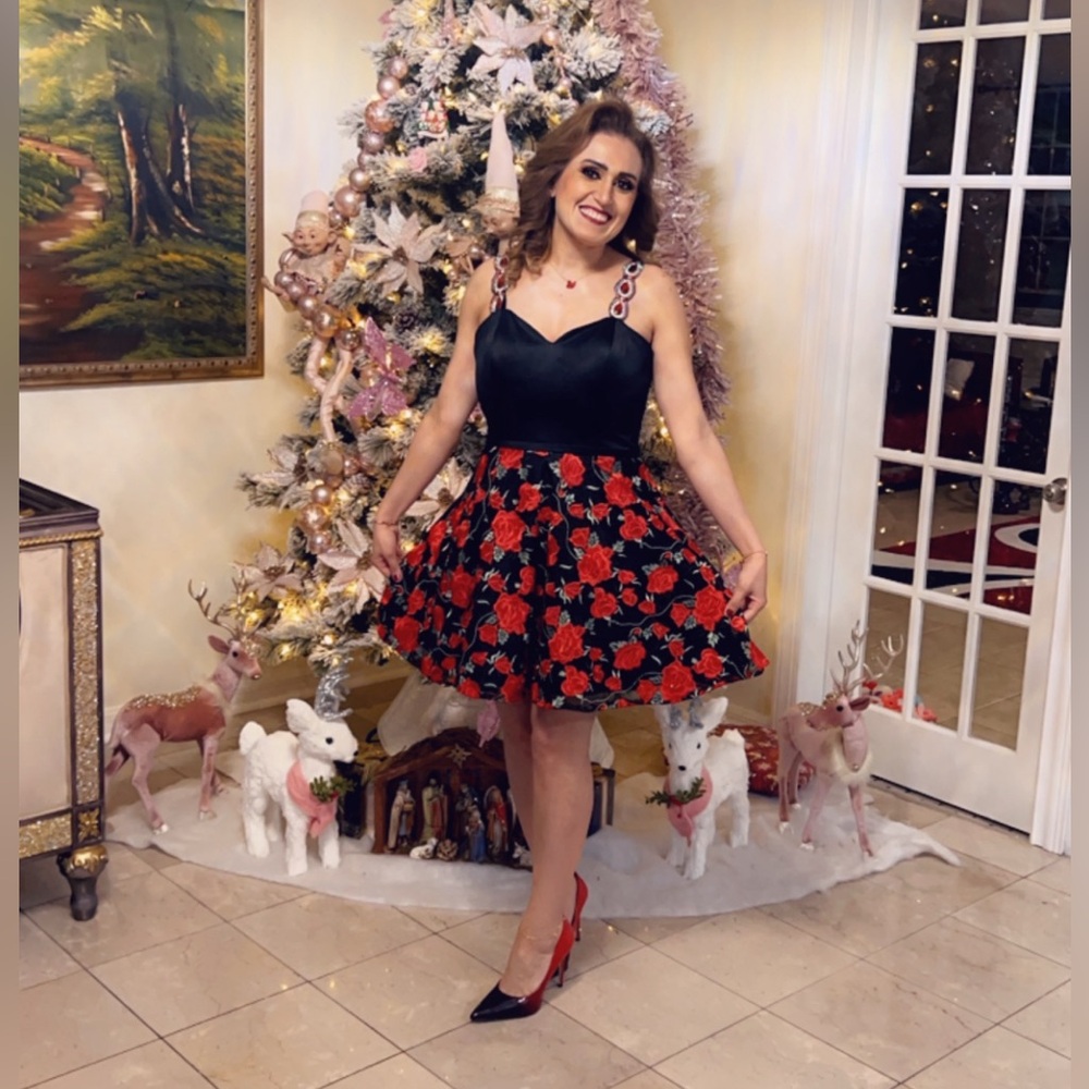 La Femme Black Dress with Red Floral Accents